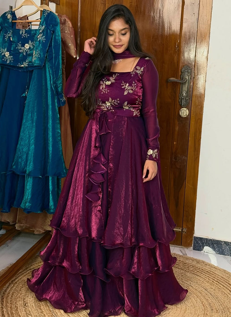 Fendi Satin Silk Coffee Party Wear Zari Embroidery Work Readymade Lehenga Choli