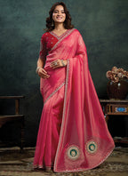 Zari Organza Silk Coral Pink Party Wear Sequins Embroidery Parties Saree 389012