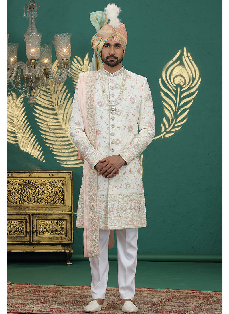 Art Silk Cream Groom Wear Thread Work Readymade Sherwani