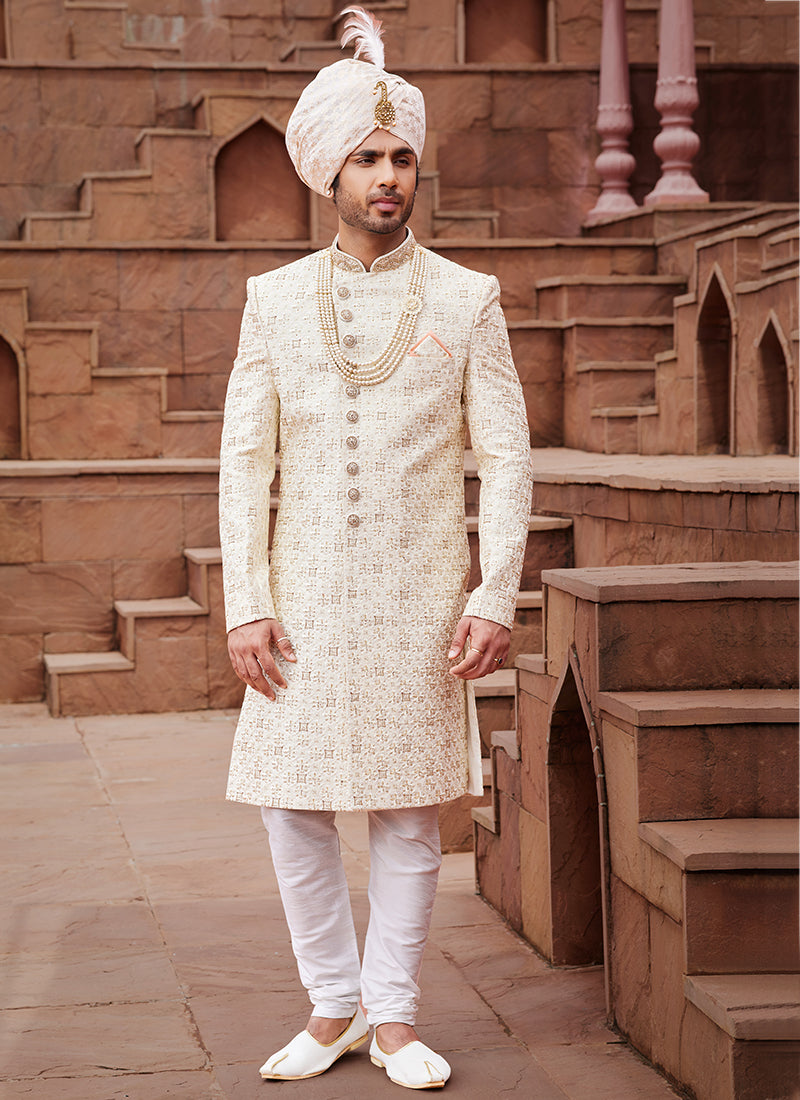 Cream Art Silk Wedding Wear Embroidery Work Readymade Mens Sherwani