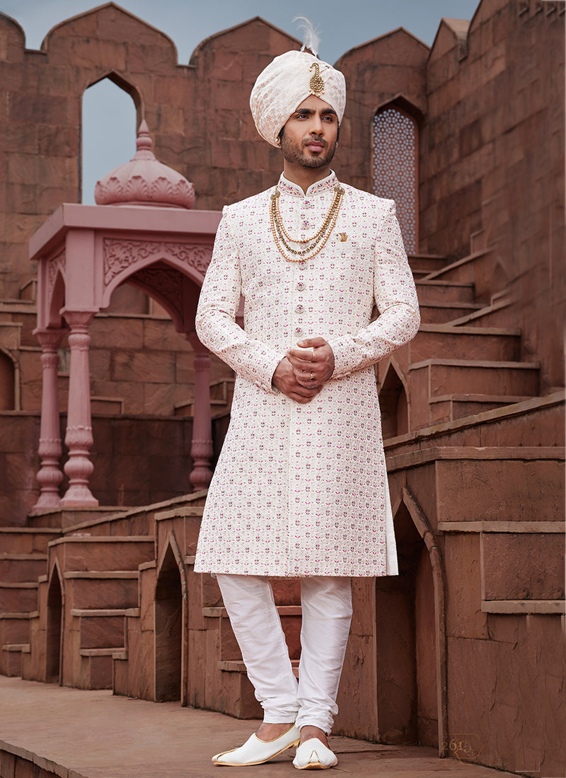 Cream Art Silk Wedding Wear Embroidery Work Readymade Mens Sherwani