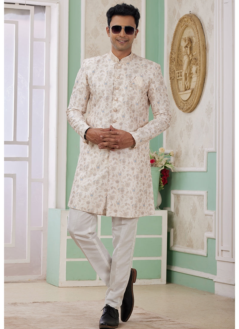 Banarasi Jacquard Cream Festival Wear Embroidery Work Readymade Indo Western Sherwani