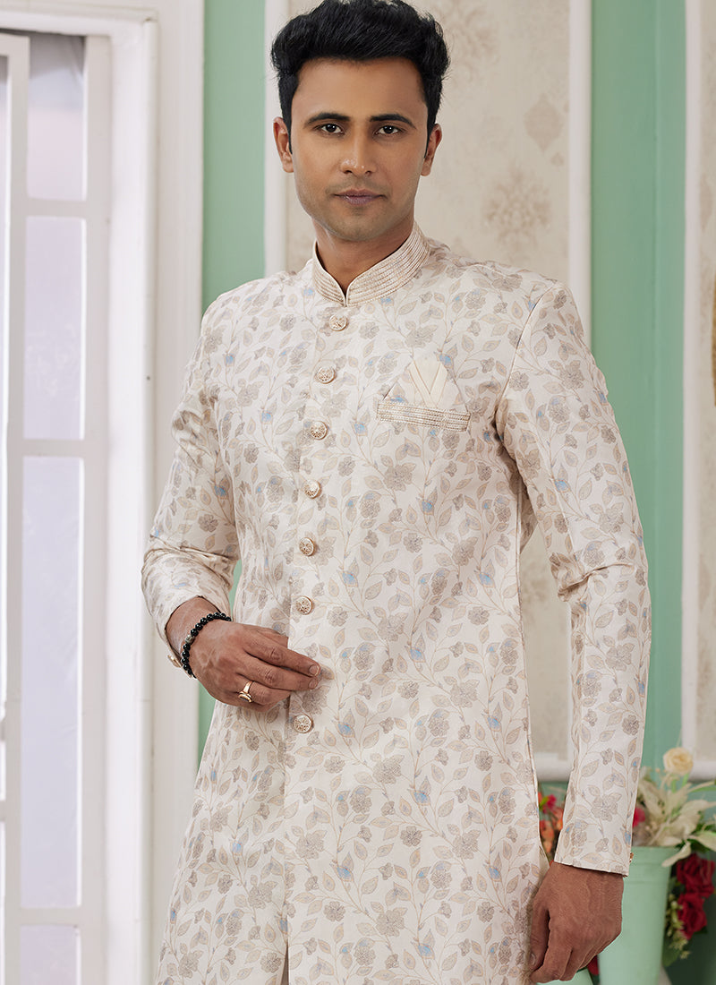 Banarasi Jacquard Cream Festival Wear Embroidery Work Readymade Indo Western Sherwani