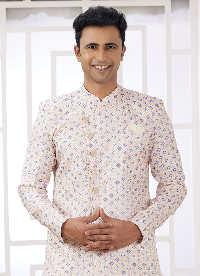 Banarasi Jacquard Cream Festival Wear Embroidery Work Readymade Indo Western Sherwani