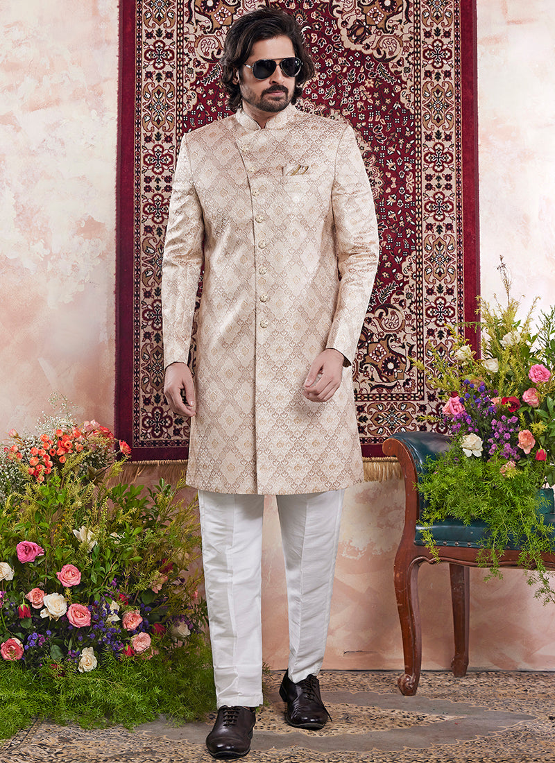 Banarasi Jacquard Cream Wedding Wear Pattern Pc Work Readymade Sherwani