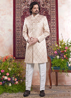 Banarasi Jacquard Cream Wedding Wear Pattern Pc Work Readymade Sherwani