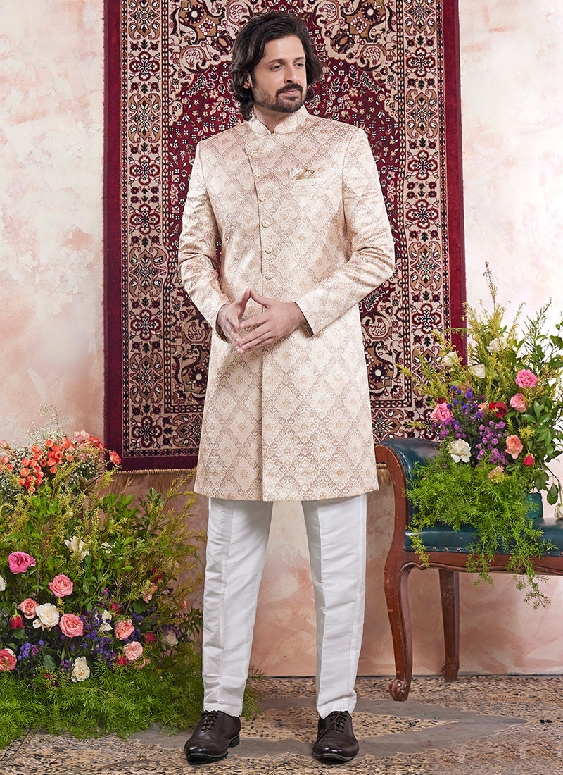 Banarasi Jacquard Cream Wedding Wear Pattern Pc Work Readymade Sherwani