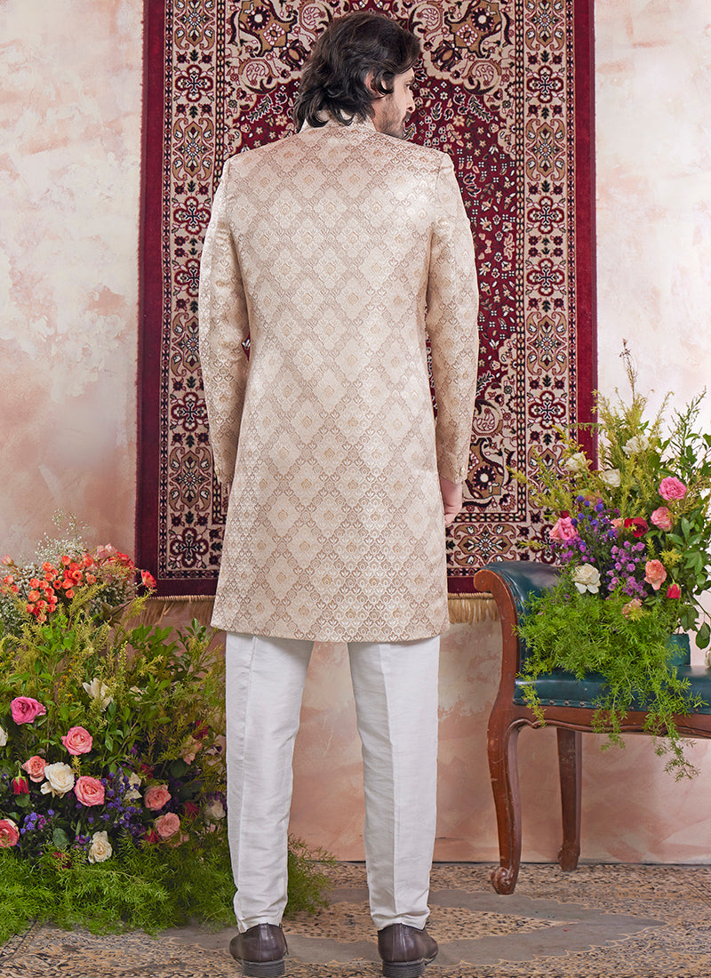 Banarasi Jacquard Cream Wedding Wear Pattern Pc Work Readymade Sherwani