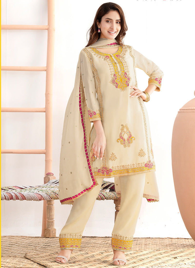 Cream Chinon Embroidery Work Party Wear Readymade Salwar Suit SW643082