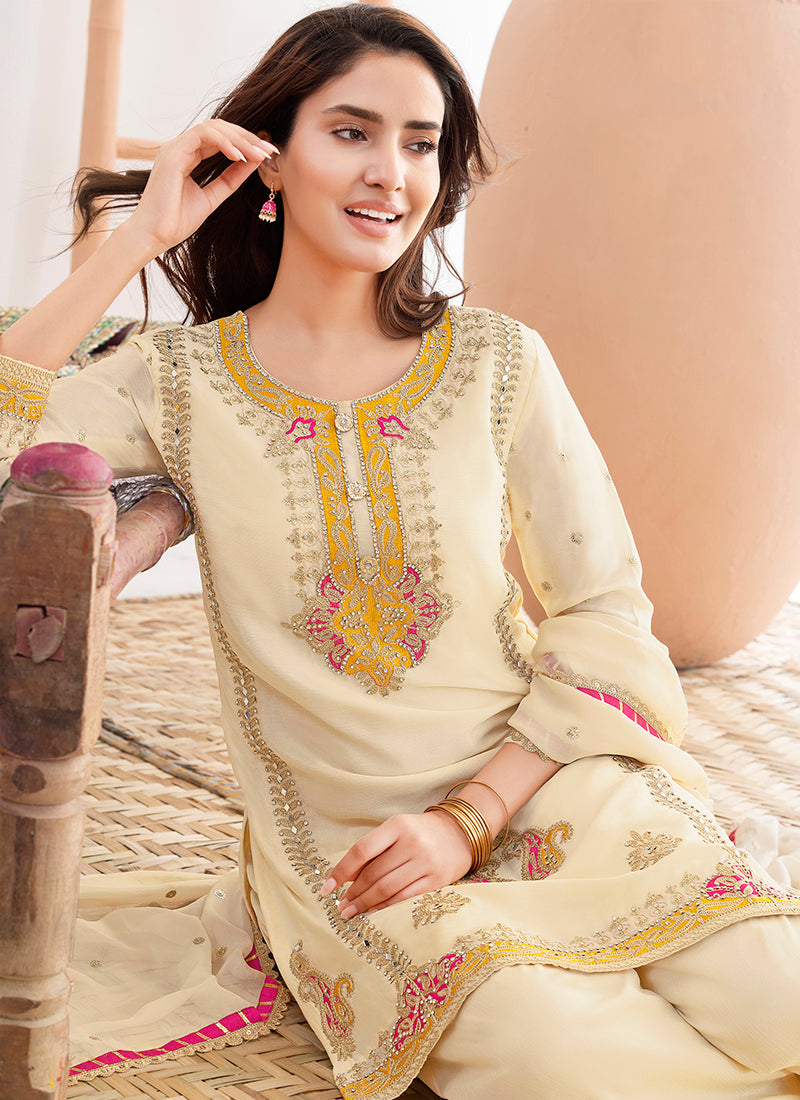 Cream Chinon Embroidery Work Party Wear Readymade Salwar Suit SW643082