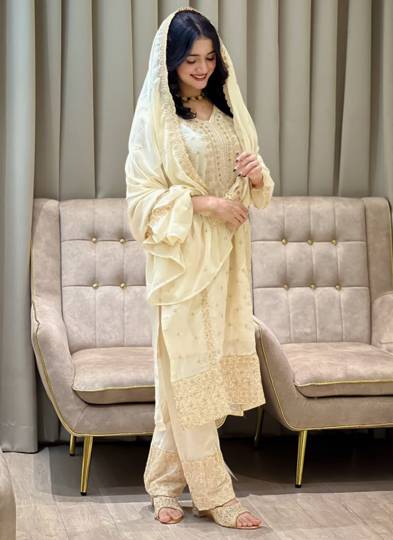 Faux Georgette Cream Eid Wear Embroidery Work Readymade Pakistani Suit
