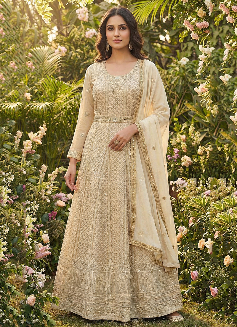 Georgette Cream Party Wear Chikankari Embroidery Work Readymade Gown