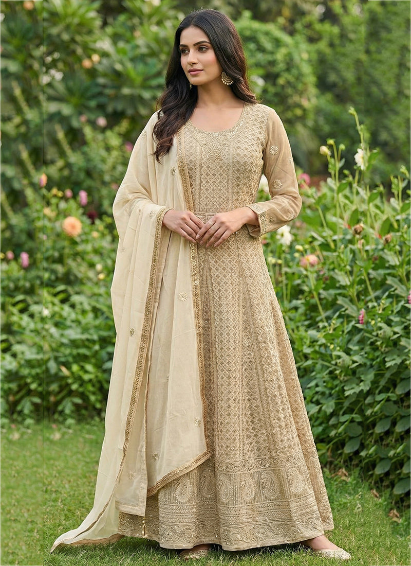 Georgette Cream Party Wear Chikankari Embroidery Work Readymade Gown