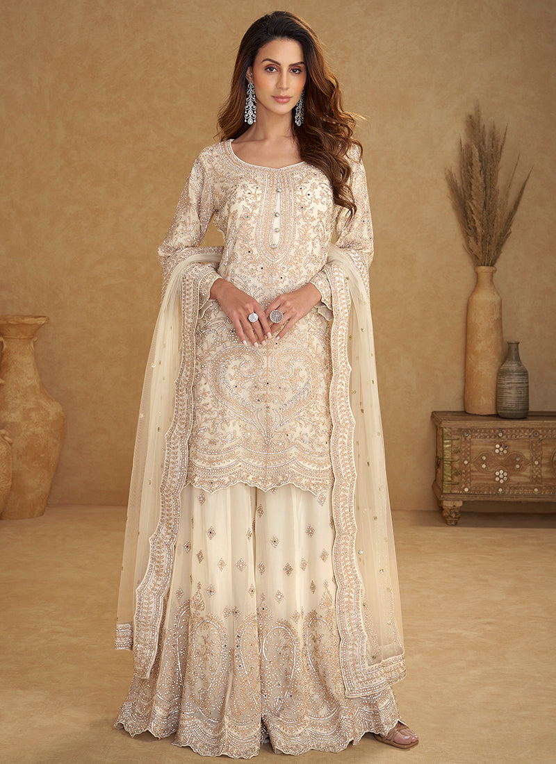 Cream Real Net Embroidery Work Party Wear Readymade Plazzo Suit SW990725