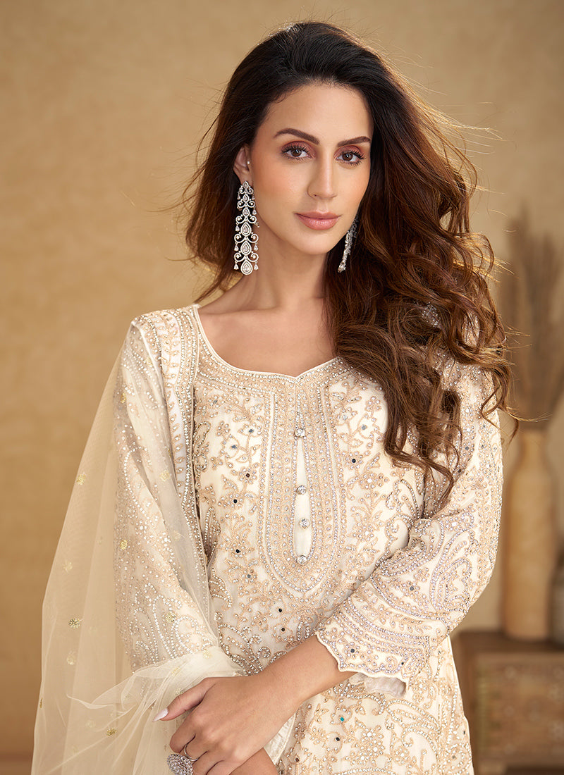 Cream Real Net Embroidery Work Party Wear Readymade Plazzo Suit SW990725