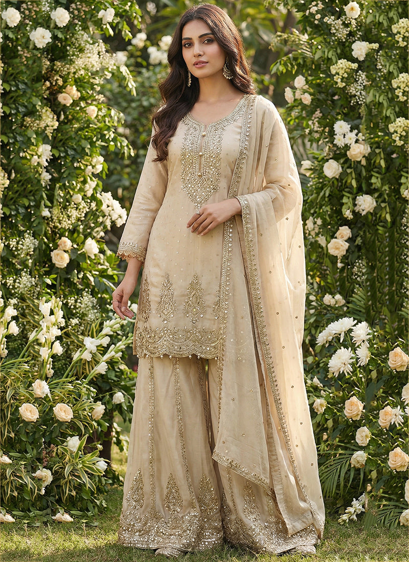 Viscose Jacquard Silk Cream Party Wear Embroidery Work Readymade Sharara Suit