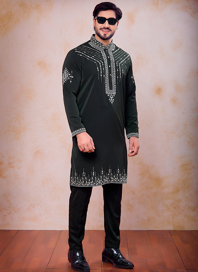 Dark Green Armani  Mirror Work Occasional Wear Readymade Kurta Pajama SW539376