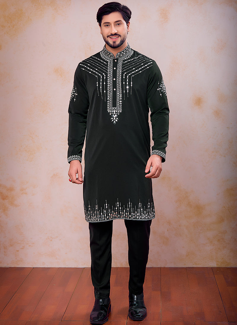 Dark Green Armani  Mirror Work Occasional Wear Readymade Kurta Pajama SW539376