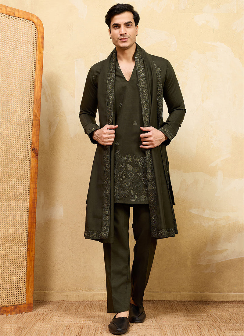 Dark Green Vichitra Silk Embroidery Work Occasional Wear Readymade Kurta With Dupatta SW571879