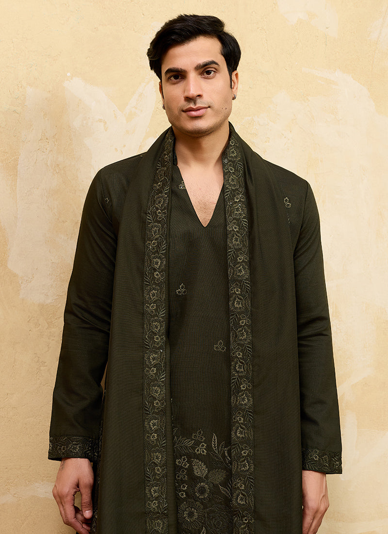 Dark Green Vichitra Silk Embroidery Work Occasional Wear Readymade Kurta With Dupatta SW571879