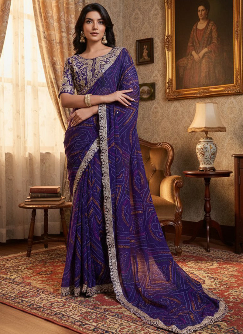 Georgette Dark Blue Festival Wear Bhandhani Print Work Saree 388750