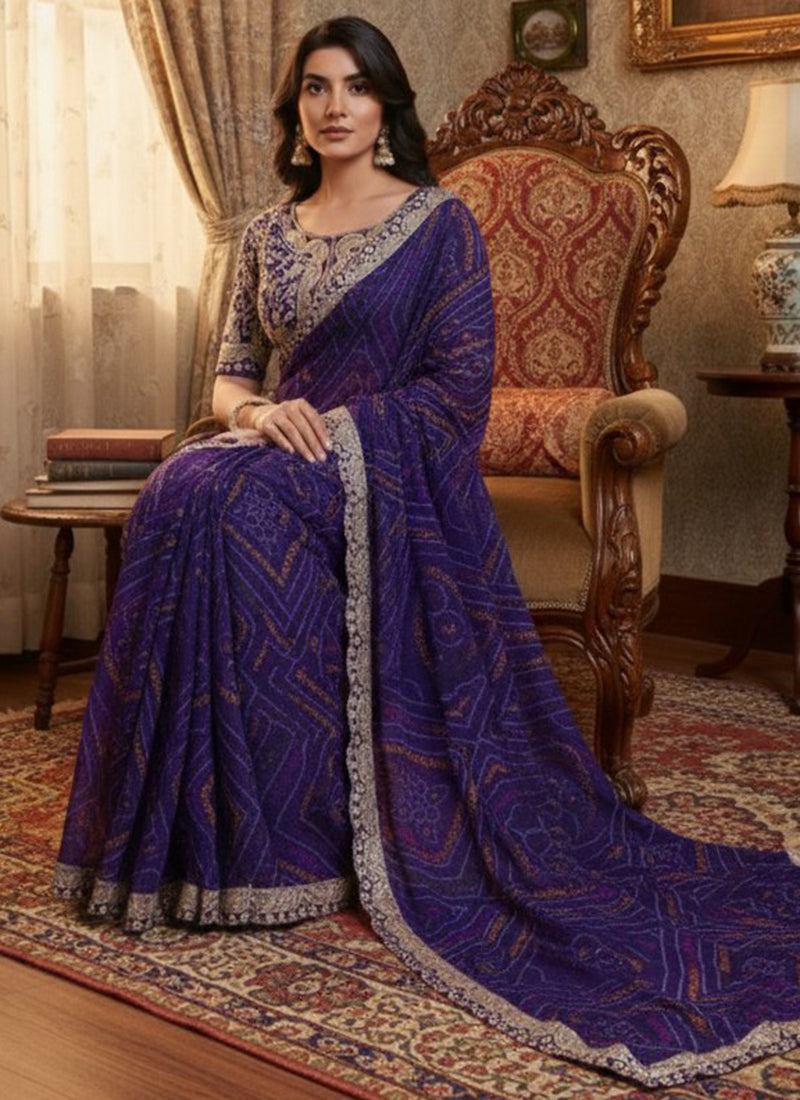 Georgette Dark Blue Festival Wear Bhandhani Print Work Saree 388750