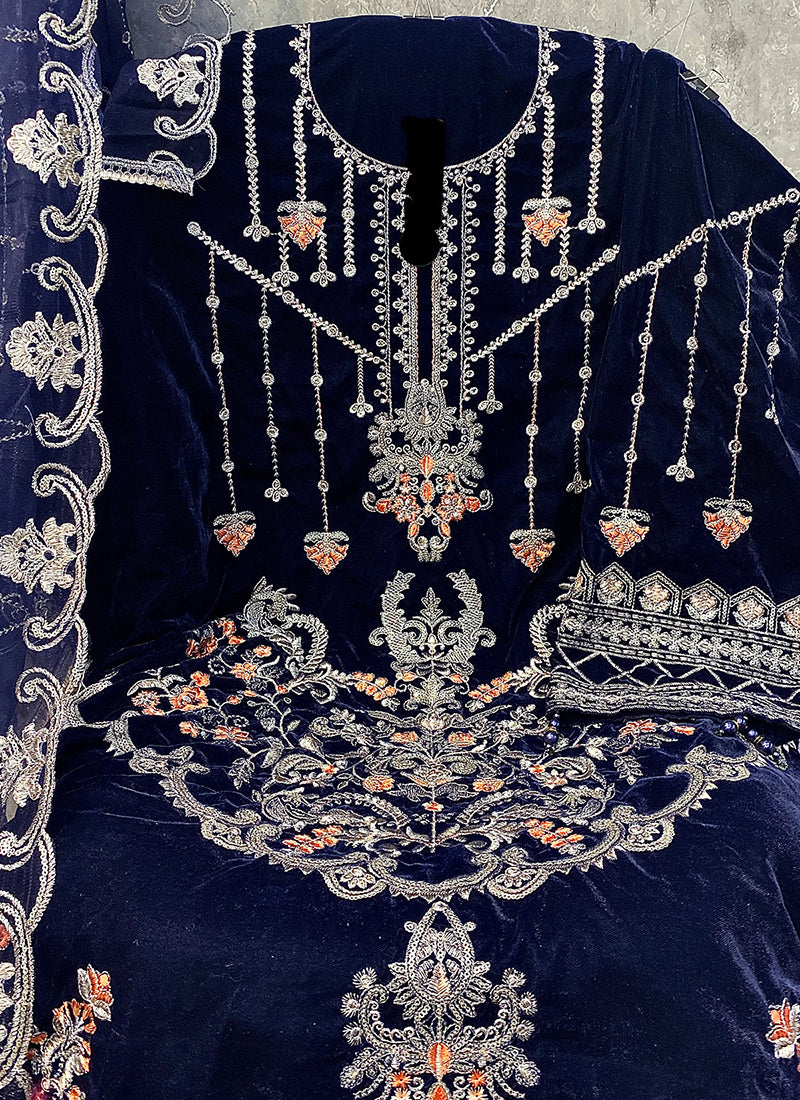 Heavy Velvet Dark Blue Eid Wear Heavy Work Pakistani Suit