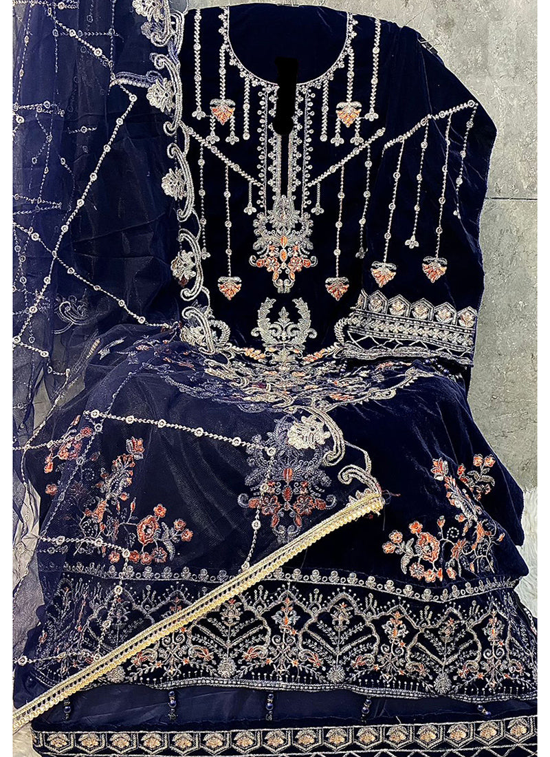 Heavy Velvet Dark Blue Eid Wear Heavy Work Pakistani Suit