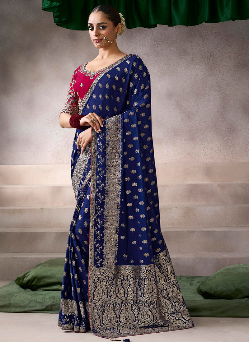 Pure Crepe Dark Blue Wedding Wear Heavy Work Wedding Saree
