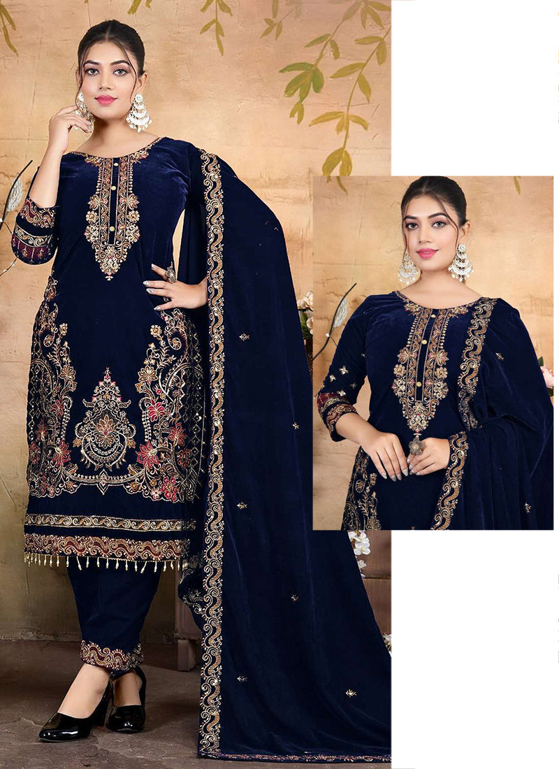 Velvet Dark Blue Eid Wear Sequins Embroidery Work Readymade Pakistani Suit 388806