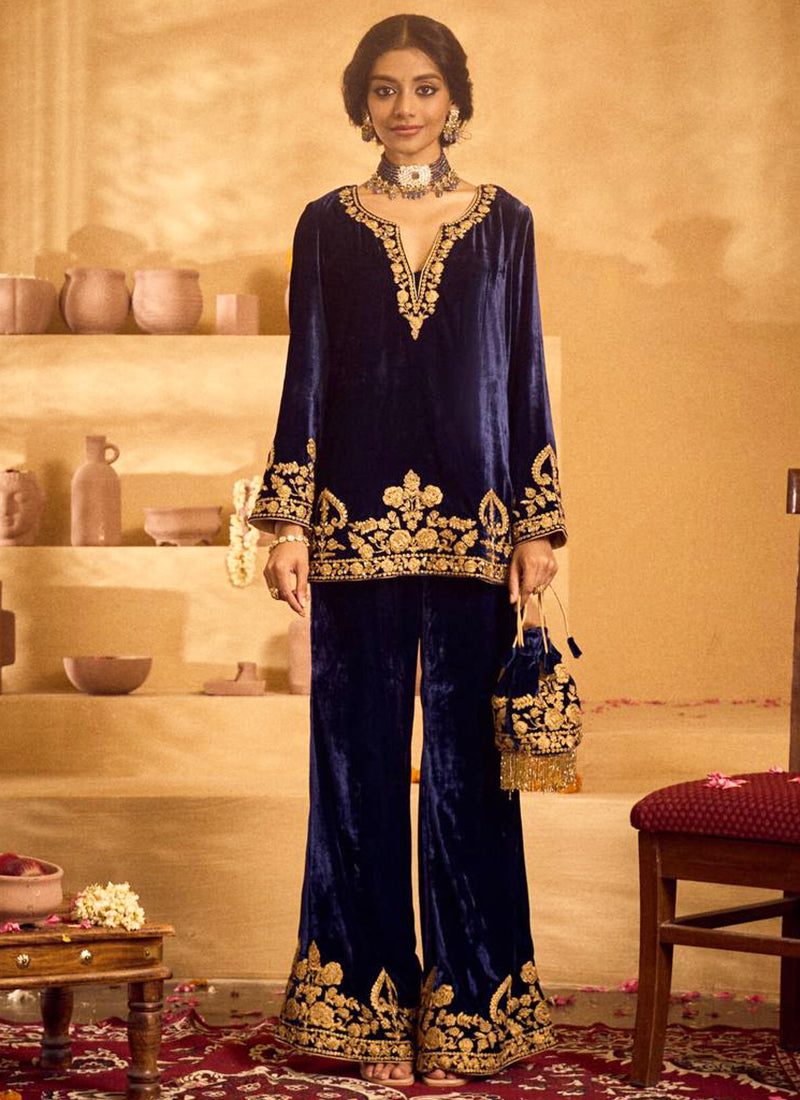 Viscose Velvet Dark Blue Party Wear Zari Embroidery Work Readymade Designer Kurti 388594