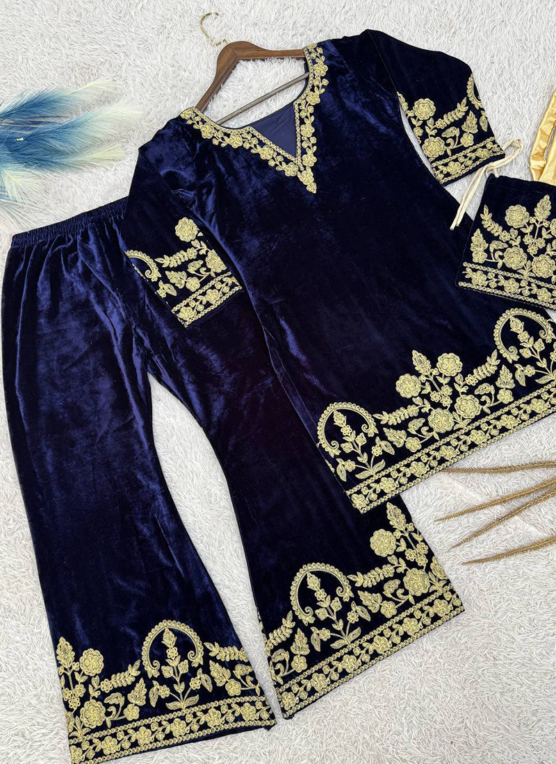 Viscose Velvet Dark Blue Party Wear Zari Embroidery Work Readymade Designer Kurti 388594
