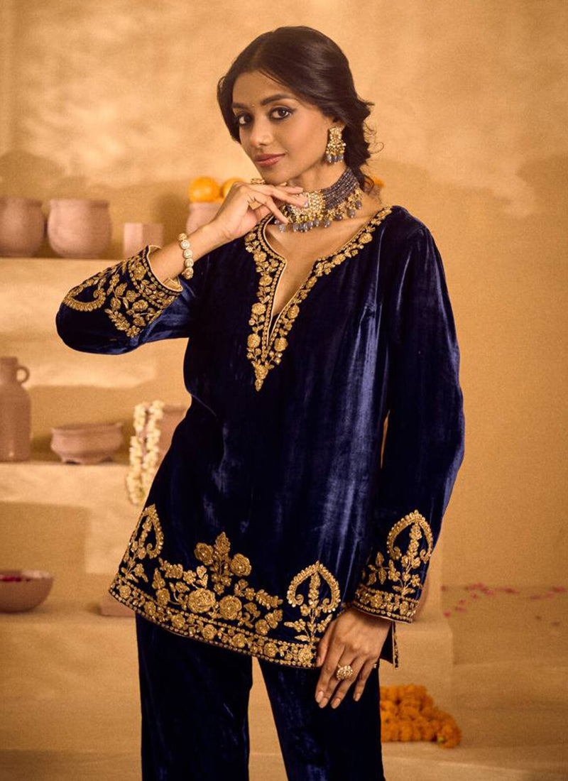 Viscose Velvet Dark Blue Party Wear Zari Embroidery Work Readymade Designer Kurti 388594