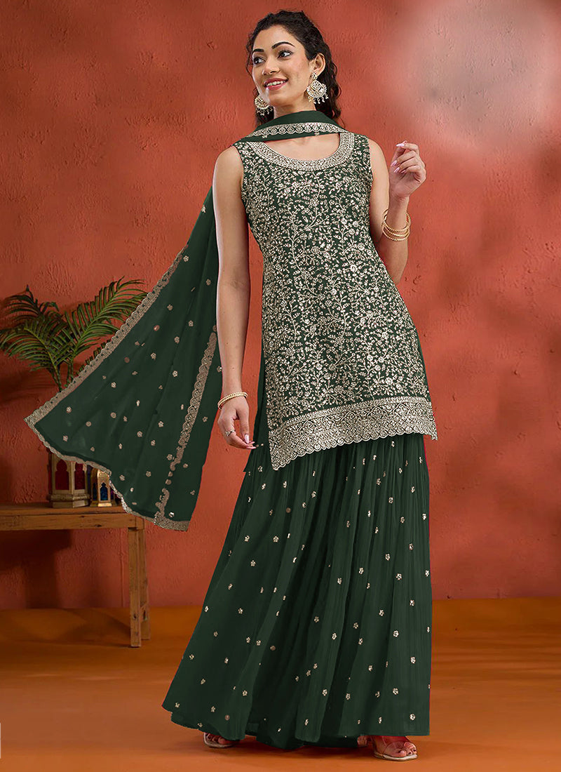 Blooming Georgette Dark Green Party Wear Heavy Embroidery Work Gharara Suit