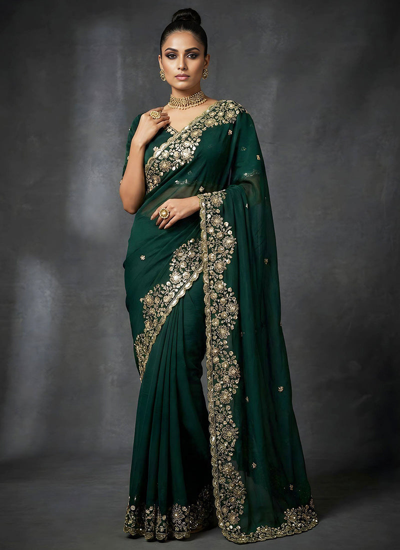 Fendy Satin Silk Dark Green Wedding Wear Zari Embroidery Work Wedding Saree 389006