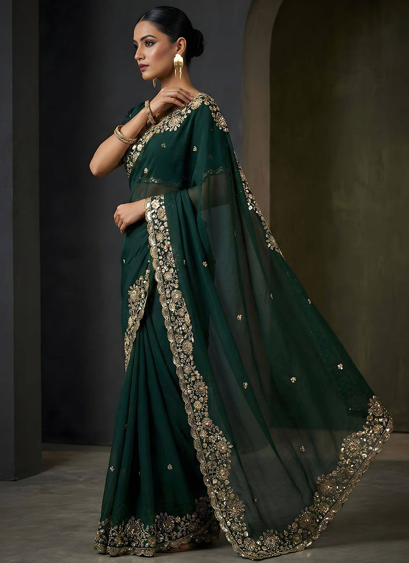 Fendy Satin Silk Dark Green Wedding Wear Zari Embroidery Work Wedding Saree 389006