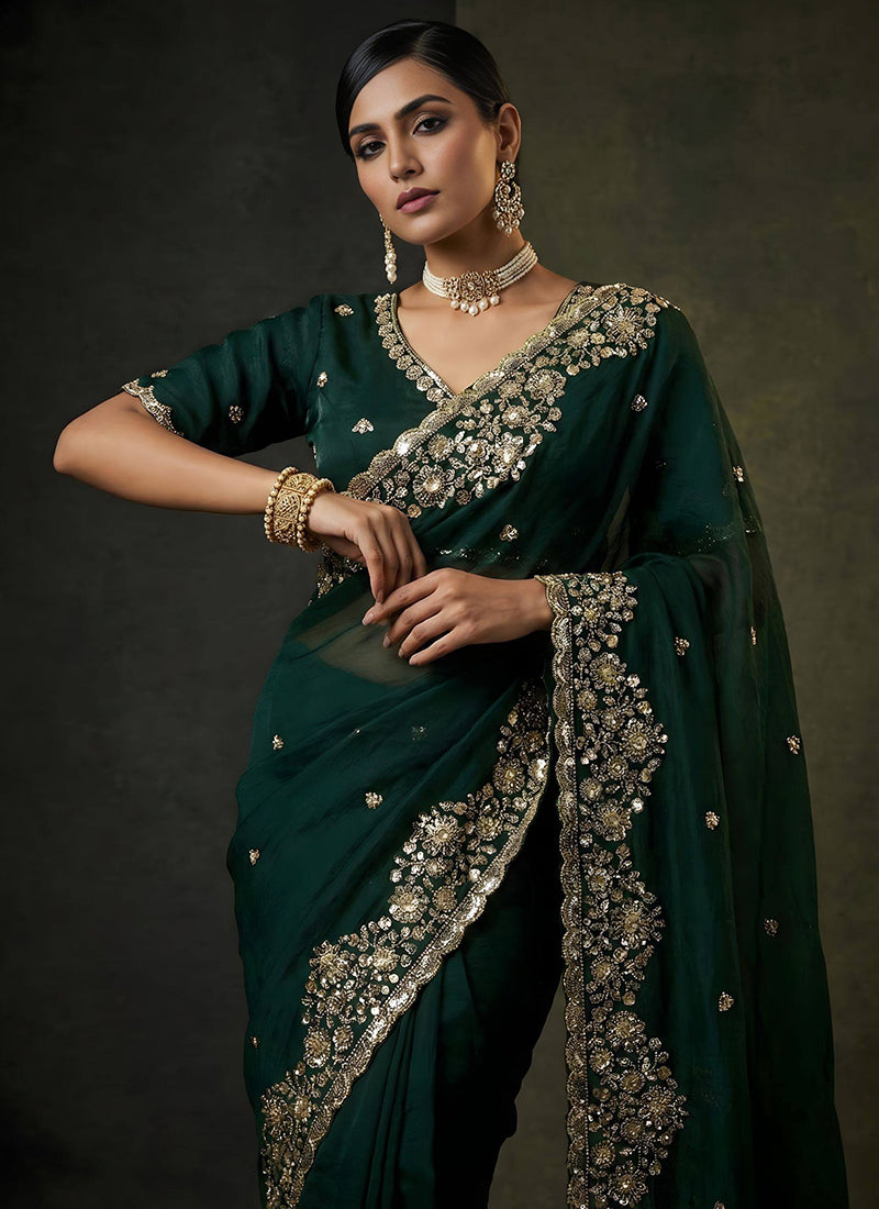 Fendy Satin Silk Dark Green Wedding Wear Zari Embroidery Work Wedding Saree 389006