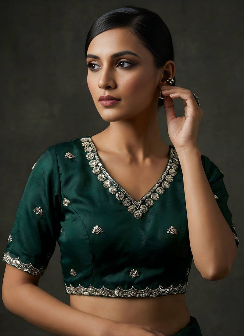 Fendy Satin Silk Dark Green Wedding Wear Zari Embroidery Work Wedding Saree 389006