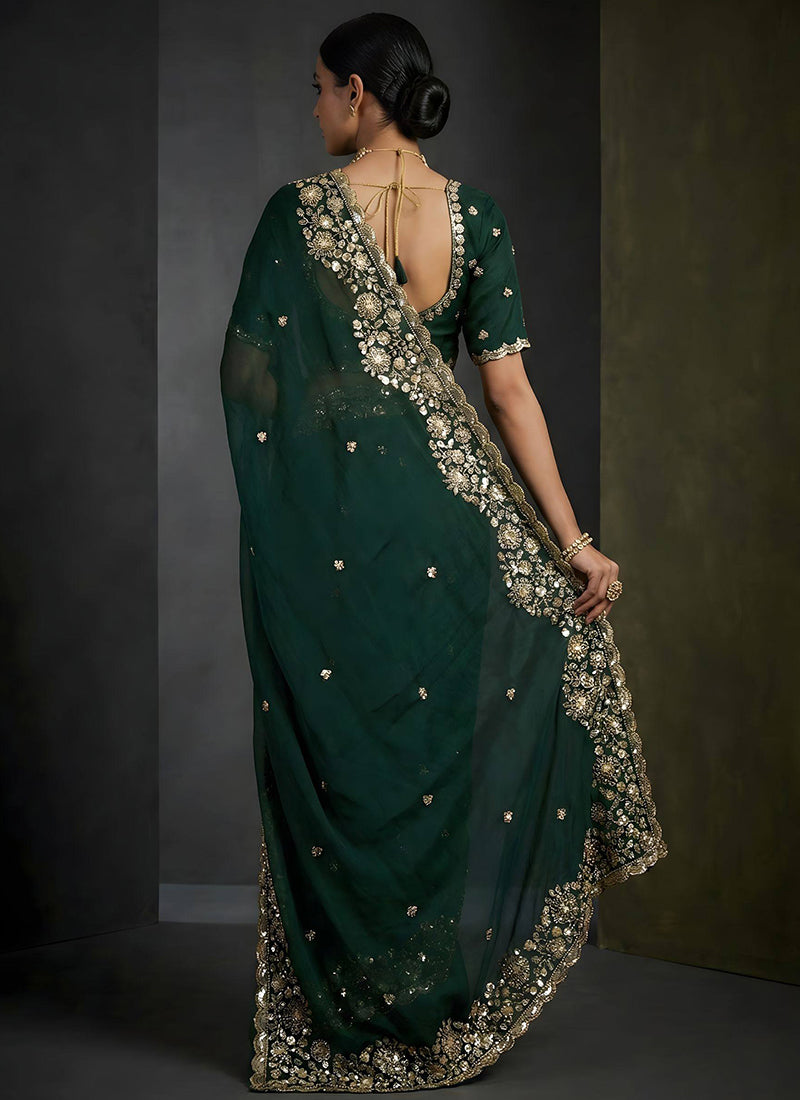 Fendy Satin Silk Dark Green Wedding Wear Zari Embroidery Work Wedding Saree 389006