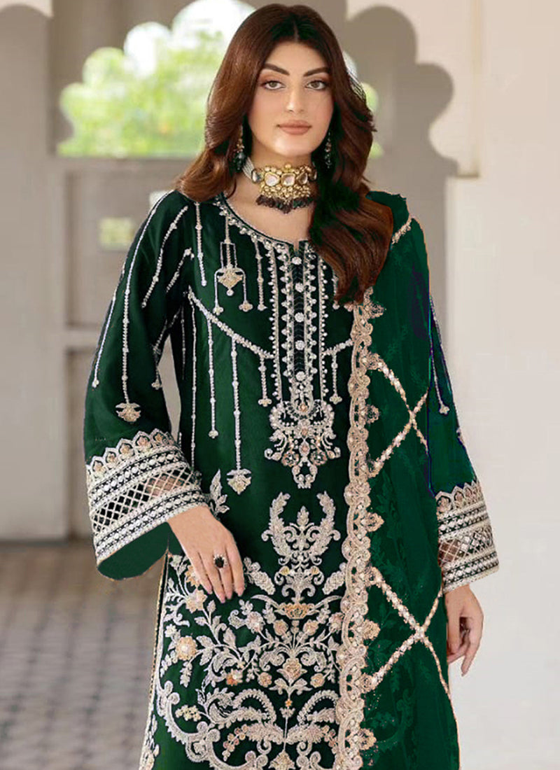 Heavy Velvet Dark Green Eid Wear Heavy Work Pakistani Suit