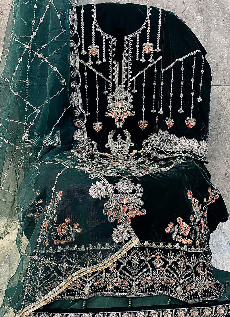 Heavy Velvet Dark Green Eid Wear Heavy Work Pakistani Suit