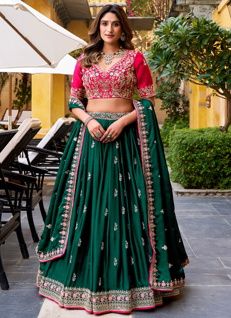 Dark Green Satin Silk Thread Embroidery Work Festival Wear Lehenga Choli SW567684
