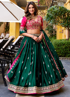 Dark Green Satin Silk Thread Embroidery Work Festival Wear Lehenga Choli SW567684