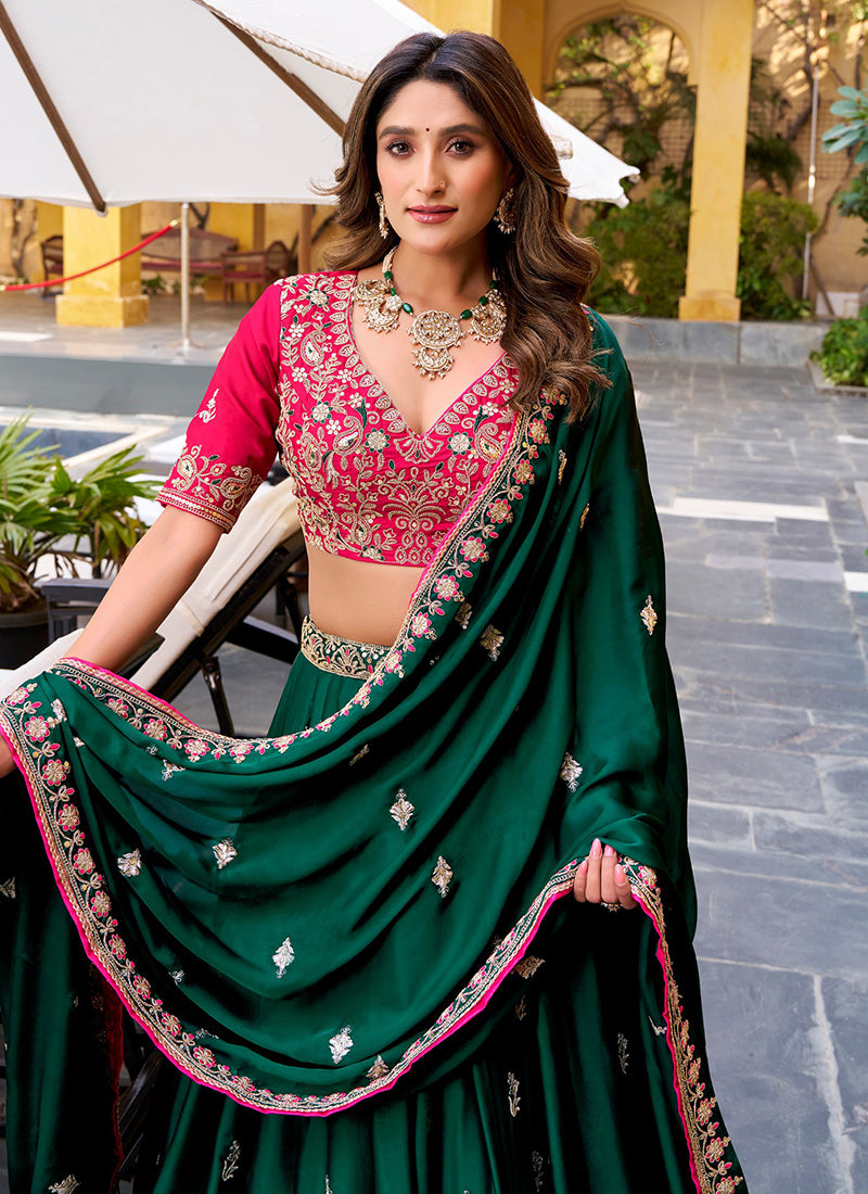 Dark Green Satin Silk Thread Embroidery Work Festival Wear Lehenga Choli SW567684
