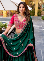 Dark Green Satin Silk Thread Embroidery Work Festival Wear Lehenga Choli SW567684