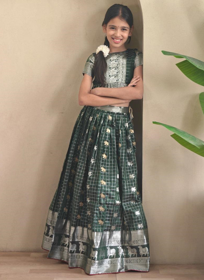 Soft Silk Dark Green Festival Wear Printed Work Readymade Lehenga Choli