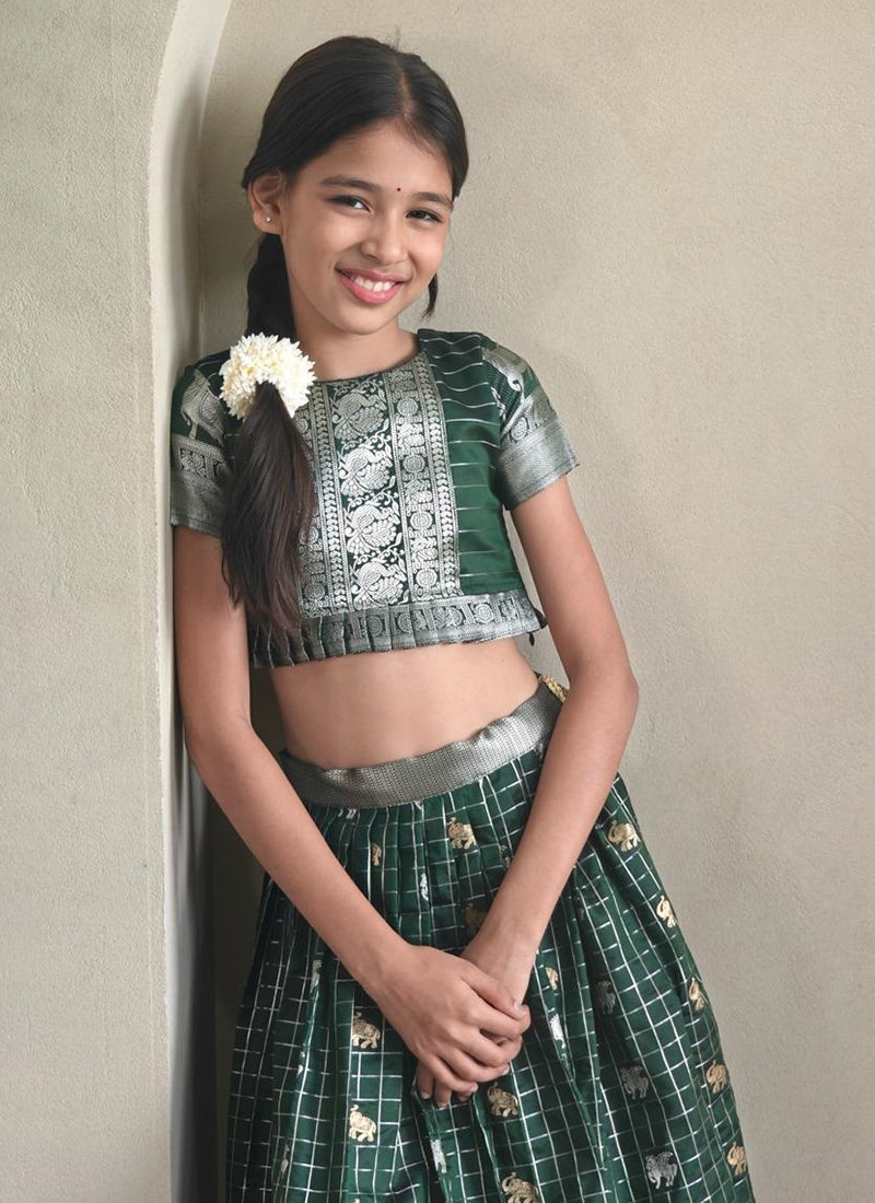 Soft Silk Dark Green Festival Wear Printed Work Readymade Lehenga Choli