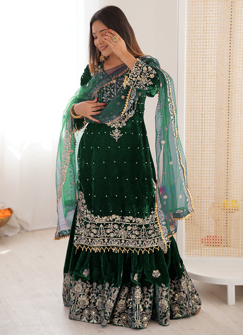 Viscose Velvet Dark Green Festival Wear Embroidery Work Readymade Sharara Suit 388707