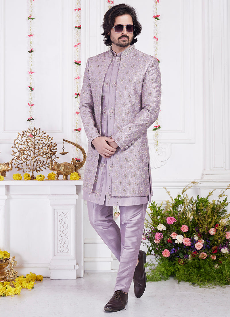 Art Silk Dark Onion Party Wear Computer Thread Work Readymade Kurta With Jacket