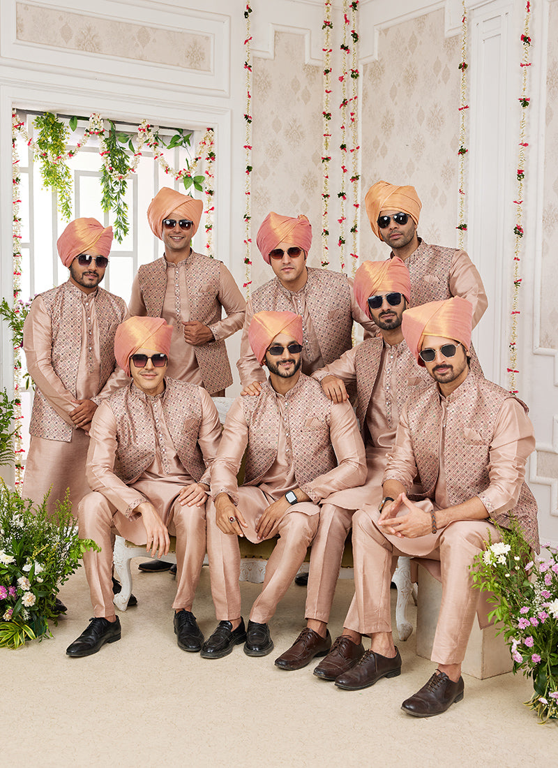 Art Banarasi Silk Dark Vanilla Wedding Wear Pattern Work Readymade Indo Weartern Sherwani